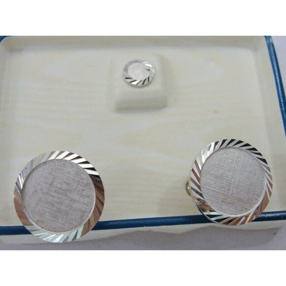 Vintage Swank Cufflinks Set Silver Tone Disc Shaped Fluted Edge With Tie Tack - Picture 13 of 13